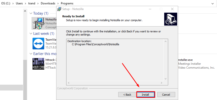 Tiếp tục nhấn Install để cài đặt Phần mềm tạo ghi chú Notezilla 9